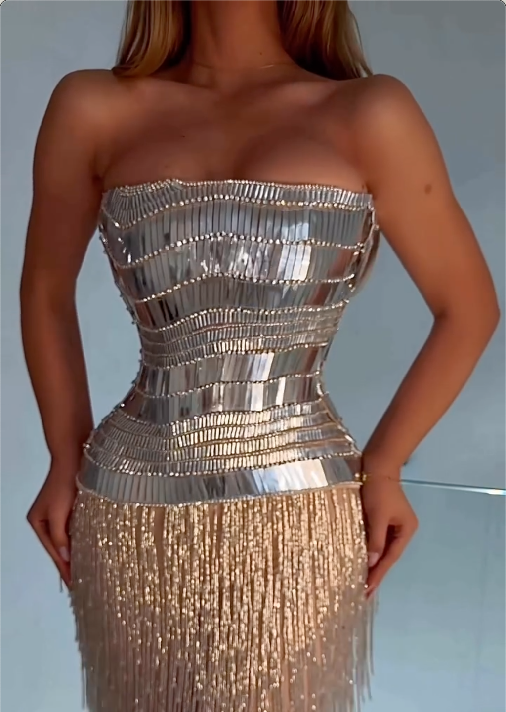 Silver Sequin Fringe Strapless Bodycon Maxi Dress