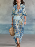 Bohemian Style Blue Floral Chiffon Three Quarter Sleeve Long Dress