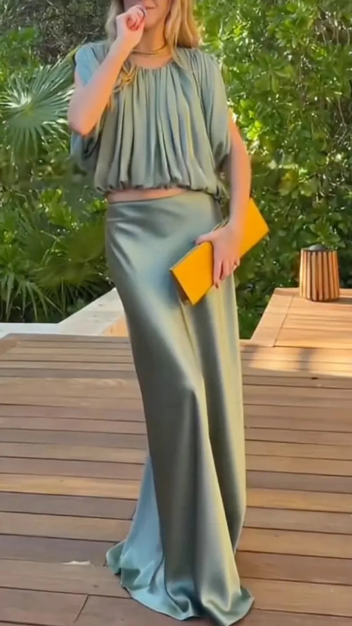 Ruched Crop Top and Maxi Skirt 2 Piece Set