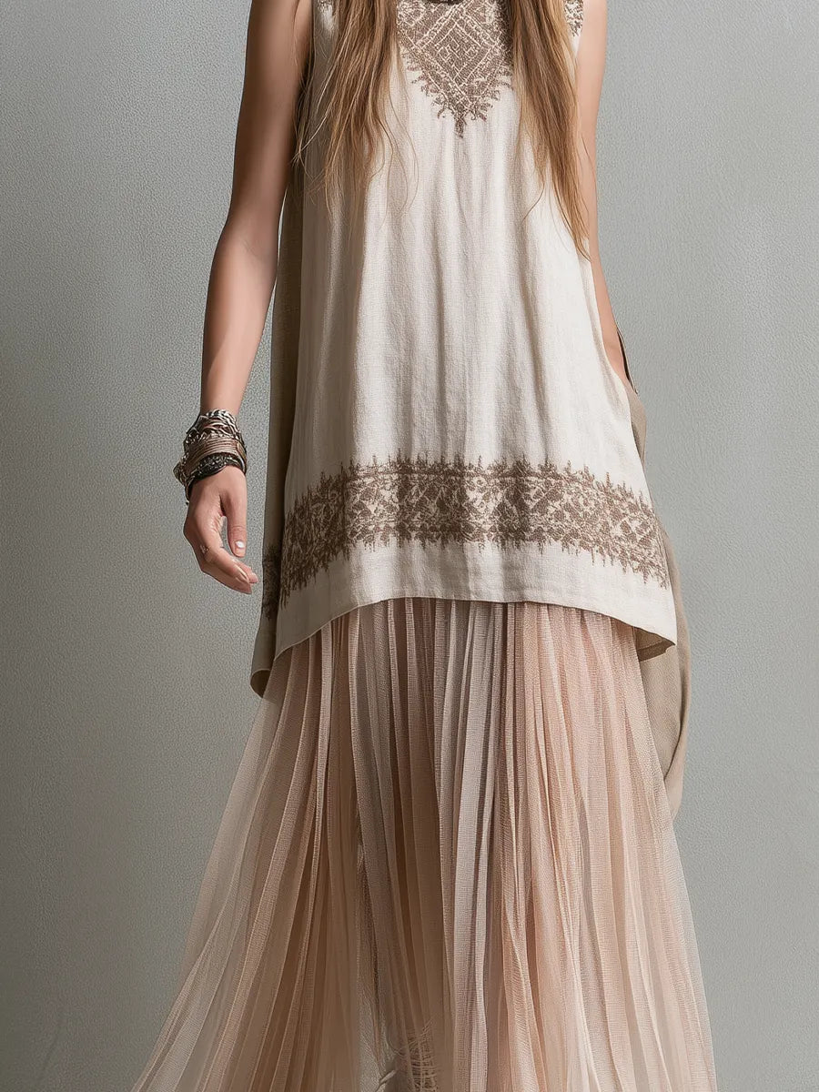 Bohemian Light Pink Floral Print Top And Lightweight Mesh Skirt Set