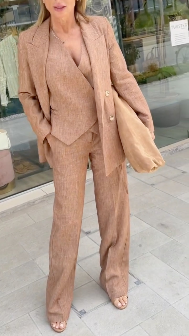 Brown Linen Blazer, Vest & Wide Leg Pants 3‑Piece Set