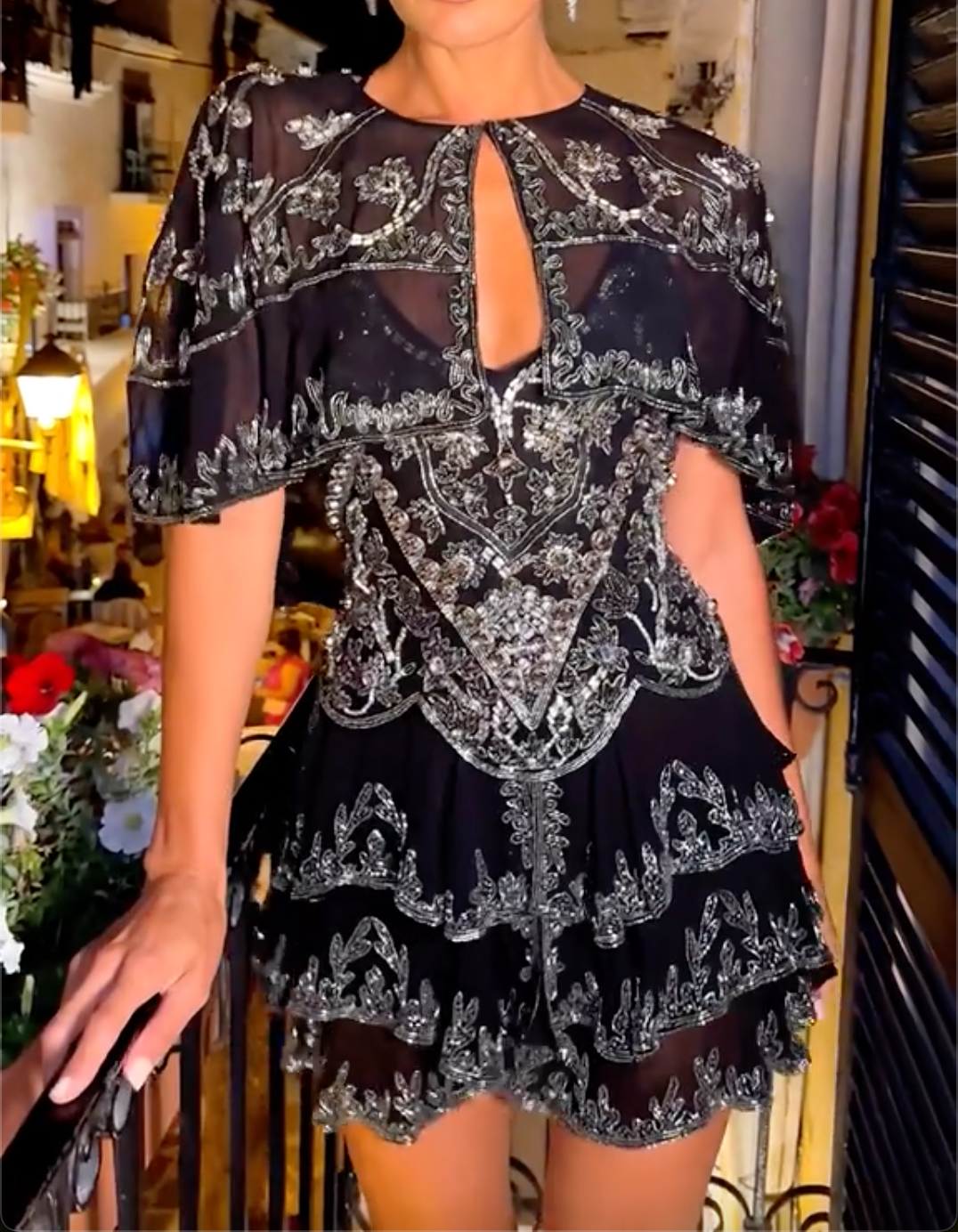 Black/White/Green Beaded Chiffon Capelet Mini Dress with Tiered Ruffle Skirt