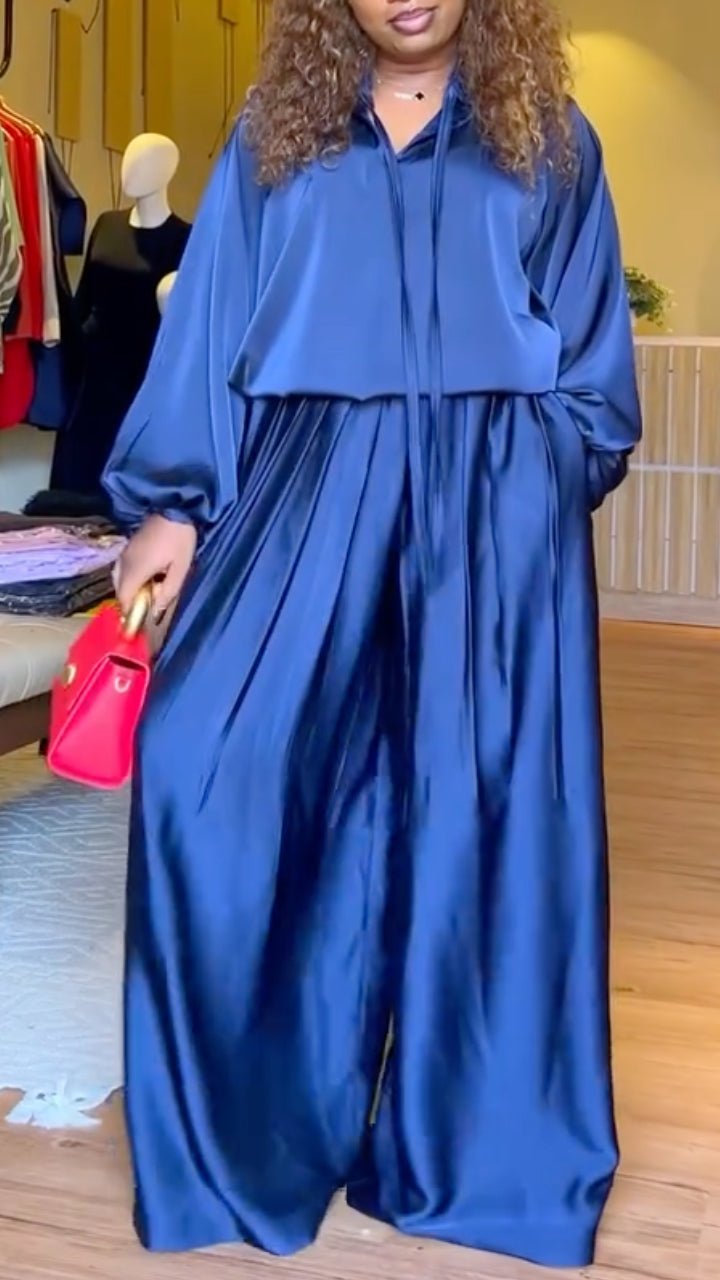 Satin V-Neck Blouse & Wide-Leg Pants Set