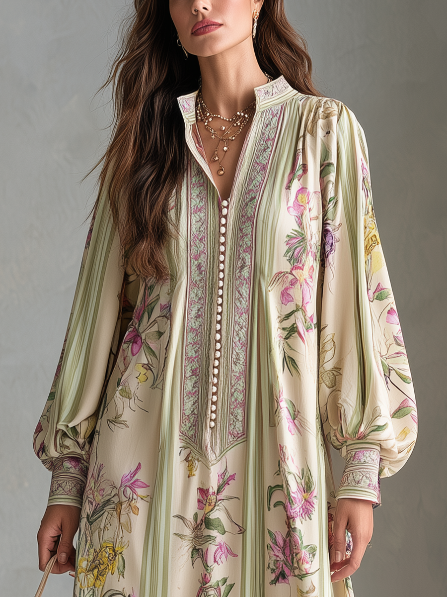 Baroque Khaki Botanical Print Maxi Dress