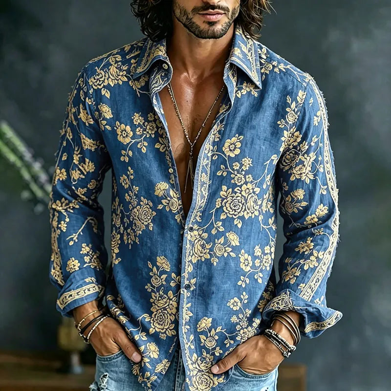 Men's Spring Summer Colorful Floral Embroidered Art Print Flowy Linen Blend Shirt