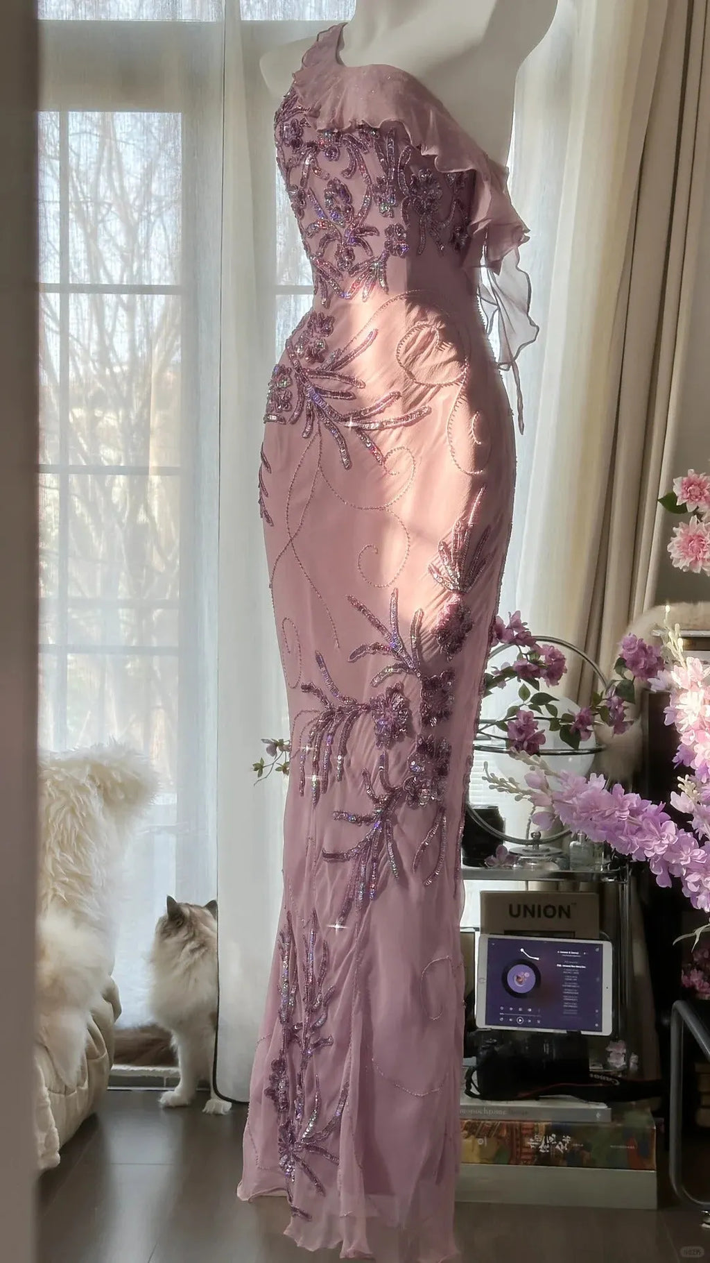 Pink Purple Romantic One Shoulder Fashion Elegant Exquisite Floral Beading Long Chiffon Ball Gown Evening Dress Birthday Holiday Party Dress Prom Dress 4012