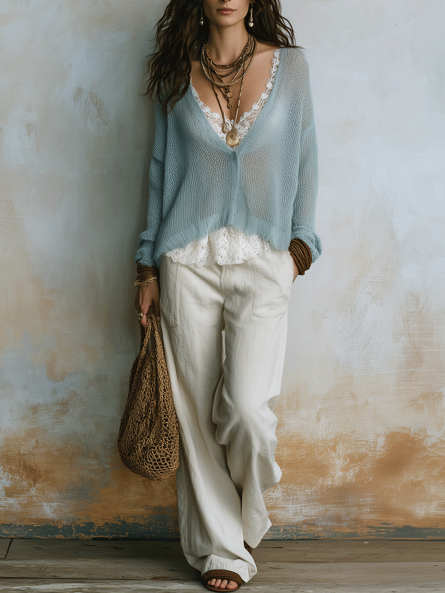 Effortless Coastal Breeze Powder Blue Lightweight Sweater