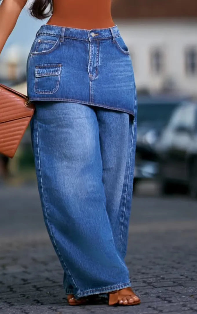 Skirt Overlay Wide Leg Denim Pants