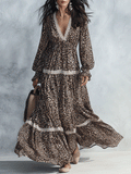 Leopard Print Lace Trim Deep V-Neck Long Sleeve Boho Maxi Dress