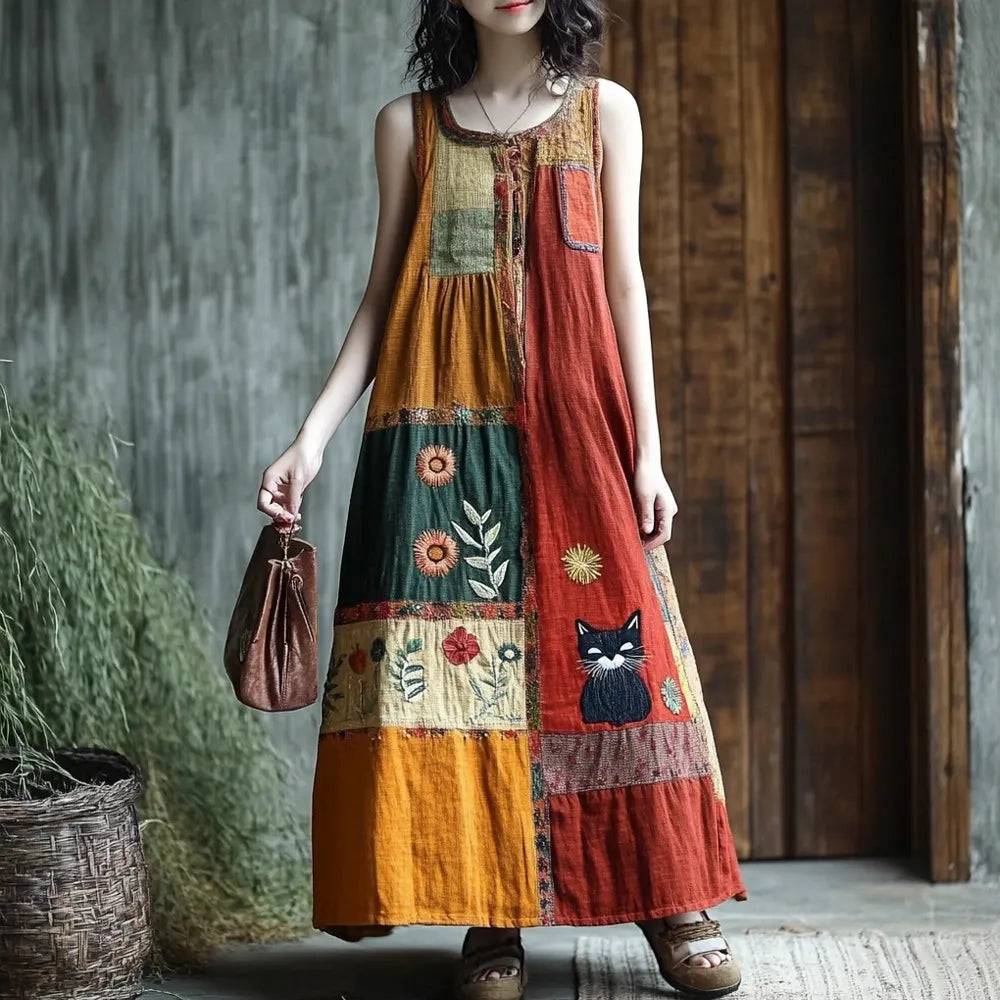 Boho Floral & Cat Patchwork Linen Vest Long Dress