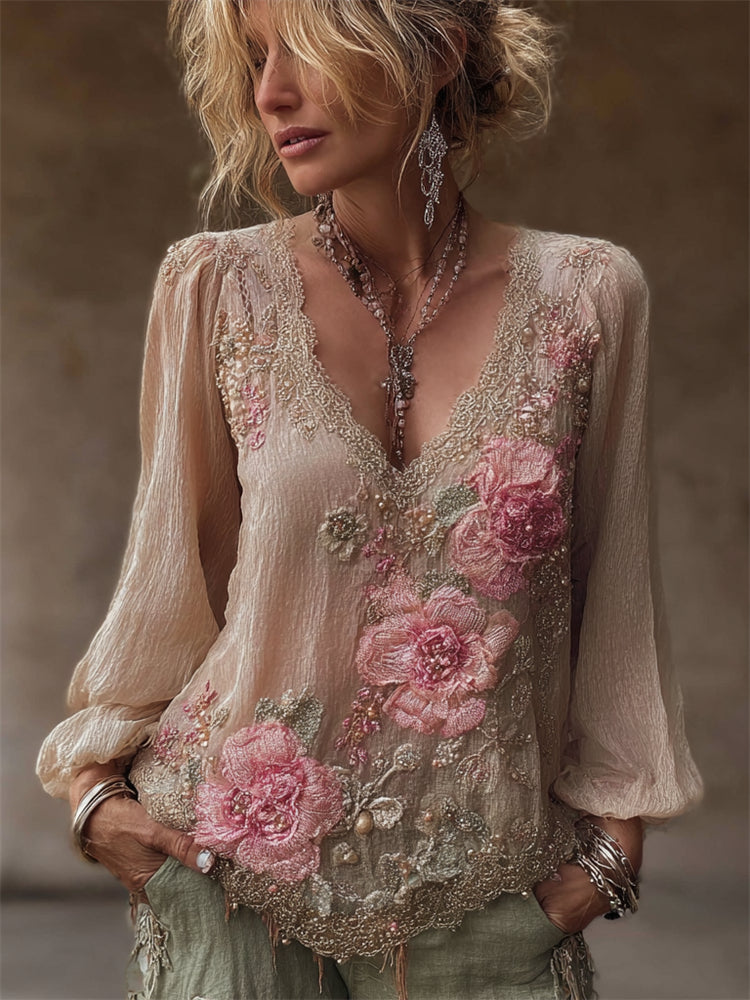 Boho Pink Floral Lace Embroidered V Neck Linen Tunic