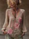 Boho Pink Floral Lace Embroidered V Neck Linen Tunic