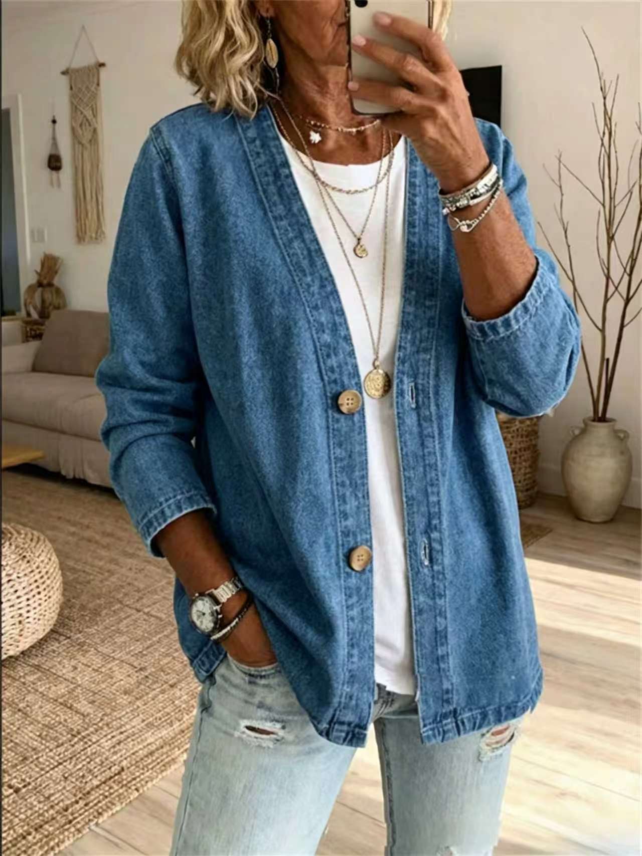 V-Neck Denim Cardigan Jacket