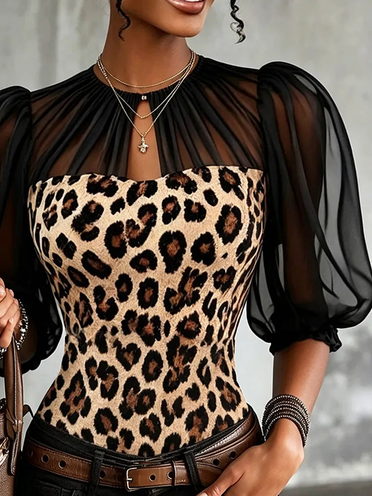 Leopard Print Sheer Mesh Puff Sleeve Keyhole Neck Top