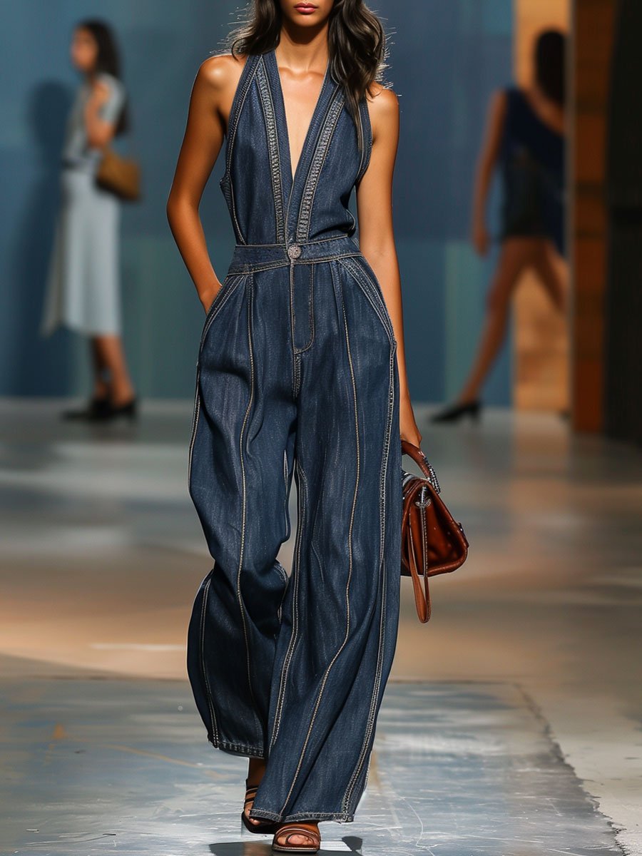 [24-hour shipping out]V-Neck Casual Retro Sleeveless Wide-Leg Denim Jumpsuit