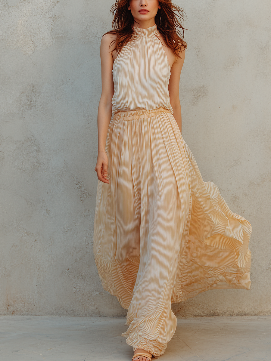 Cream Yellow Striped Halter Top And Skirt Set