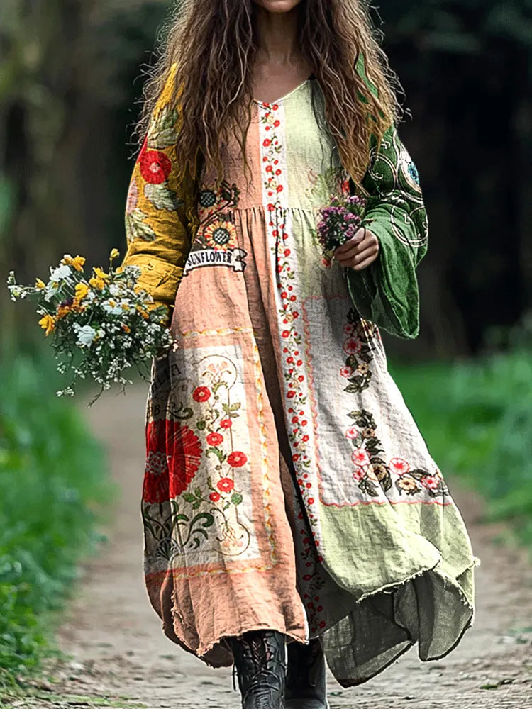 Women's Vintage Tribal Floral Art Cotton And Linen Dress 2912