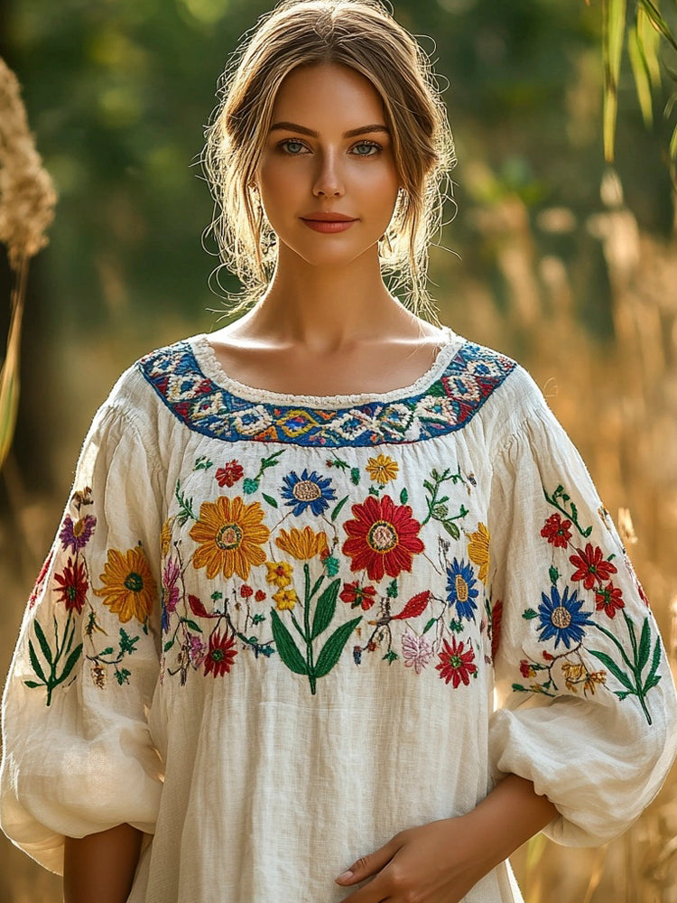 Bohemian Floral Embroidered Folk Women's Linen Shirt