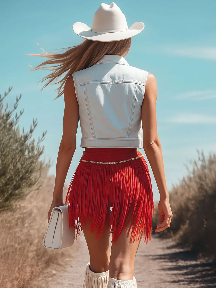 [24-hour shipping out]Western Retro Red Washed Cotton Ribbon Tassel Shorts