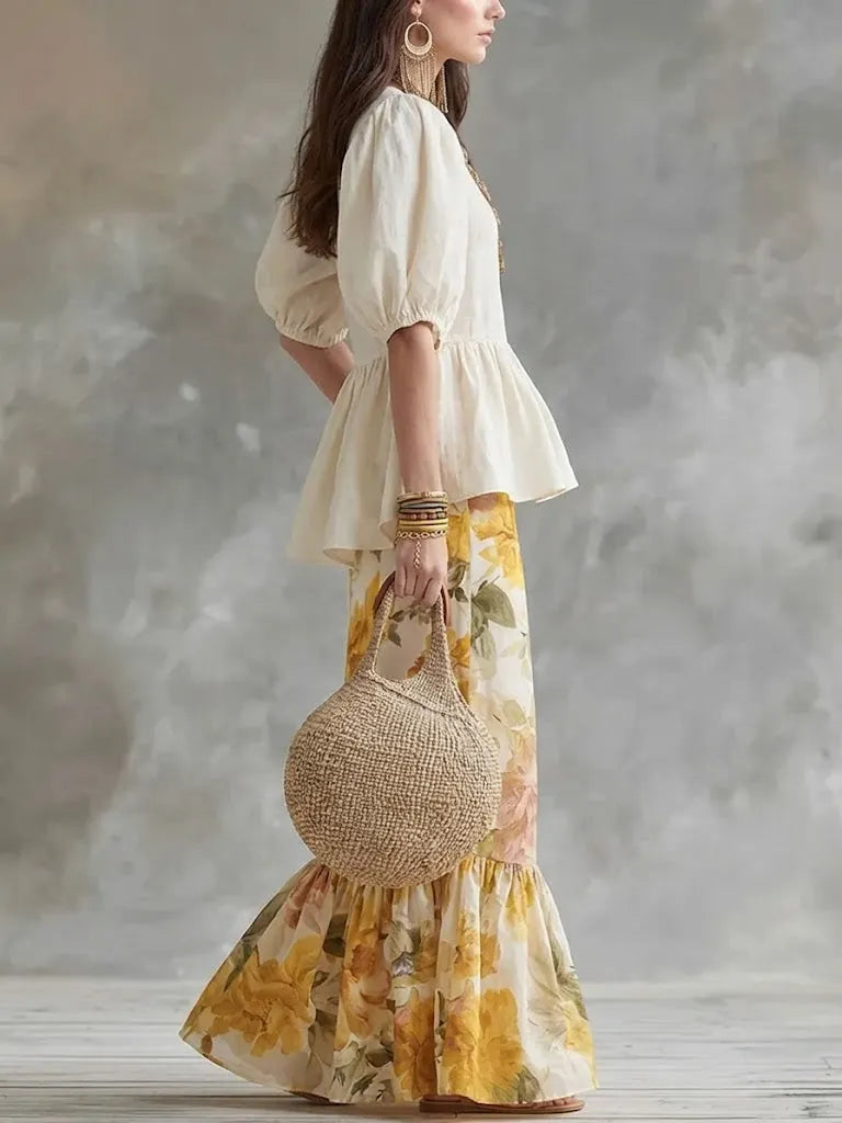 Women's Puff Sleeve Top With Vintage Floral Half-length Skirt Set