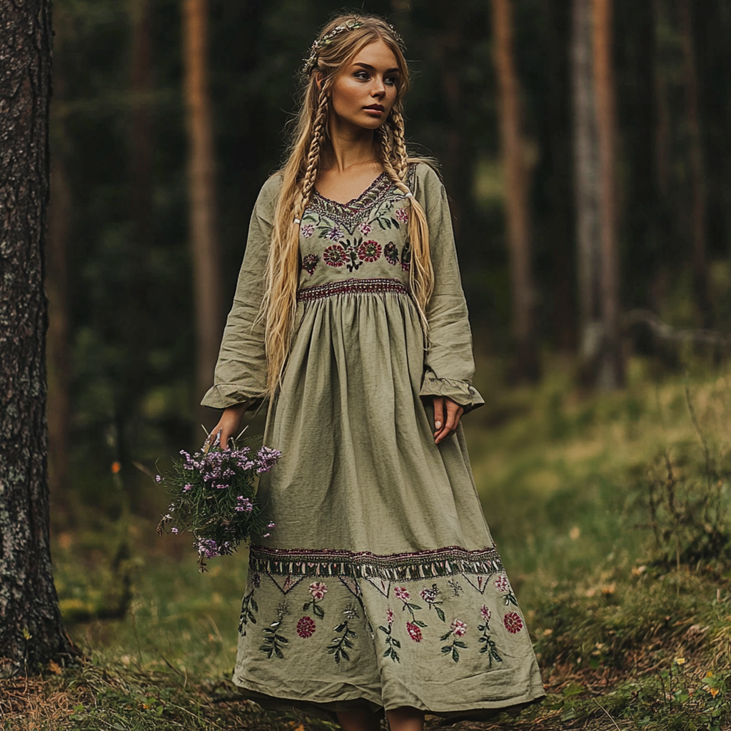 Women's Vintage Cotton Linen V-neck Embroidered Floral Dress
