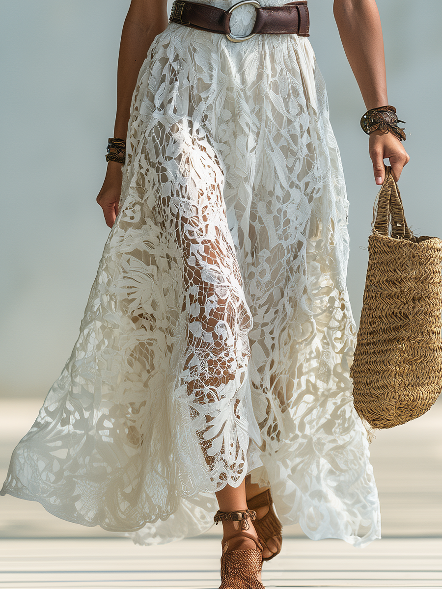 Romantic Ivory Lace Sleeveless Midi Dress