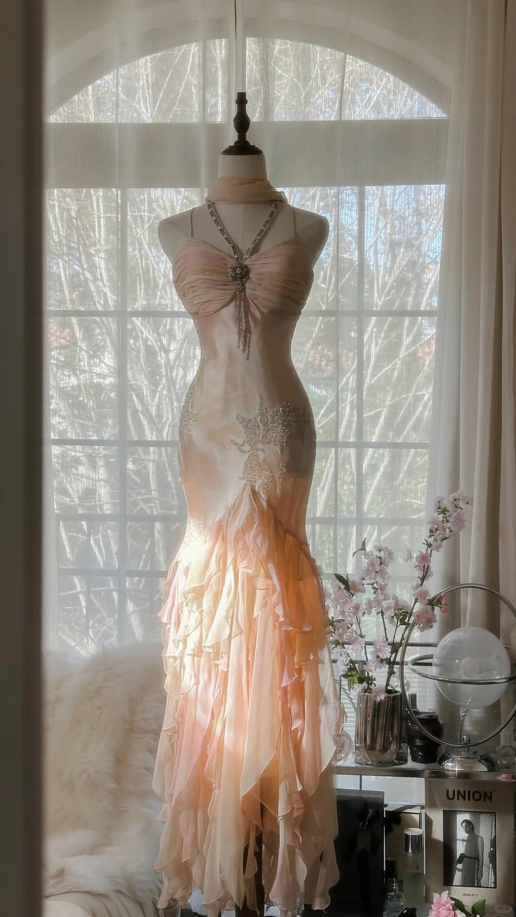 Lit Pink Gorgeous Exquisite Beading Spaetti Strap Long Chiffon Satin Ball Gown Evening Dress Birthday/Holiday Party Dress Prom Dress 4064