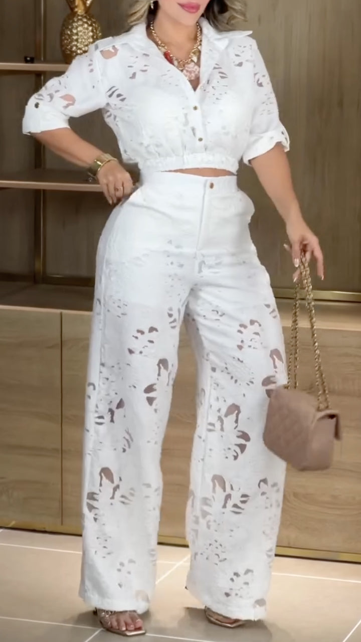 Cutwork Lace Crop Shirt & Wide‑Leg Pants Co‑Ord Set