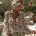 Women's Bohemian Lily Print Dyeing Gold Round Neck Long Sleeve Top