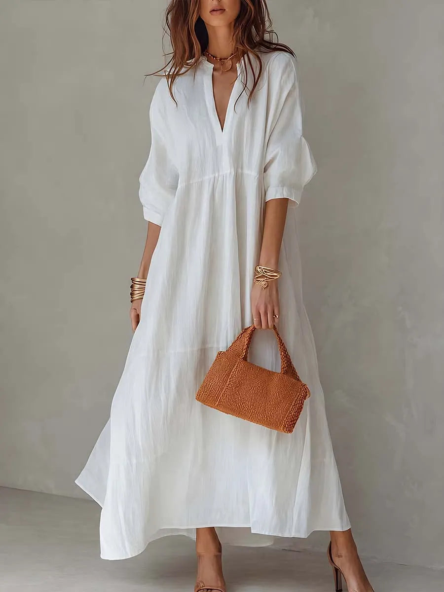 Loose Stand V Neck A-line Cotton Linen Midi Dress