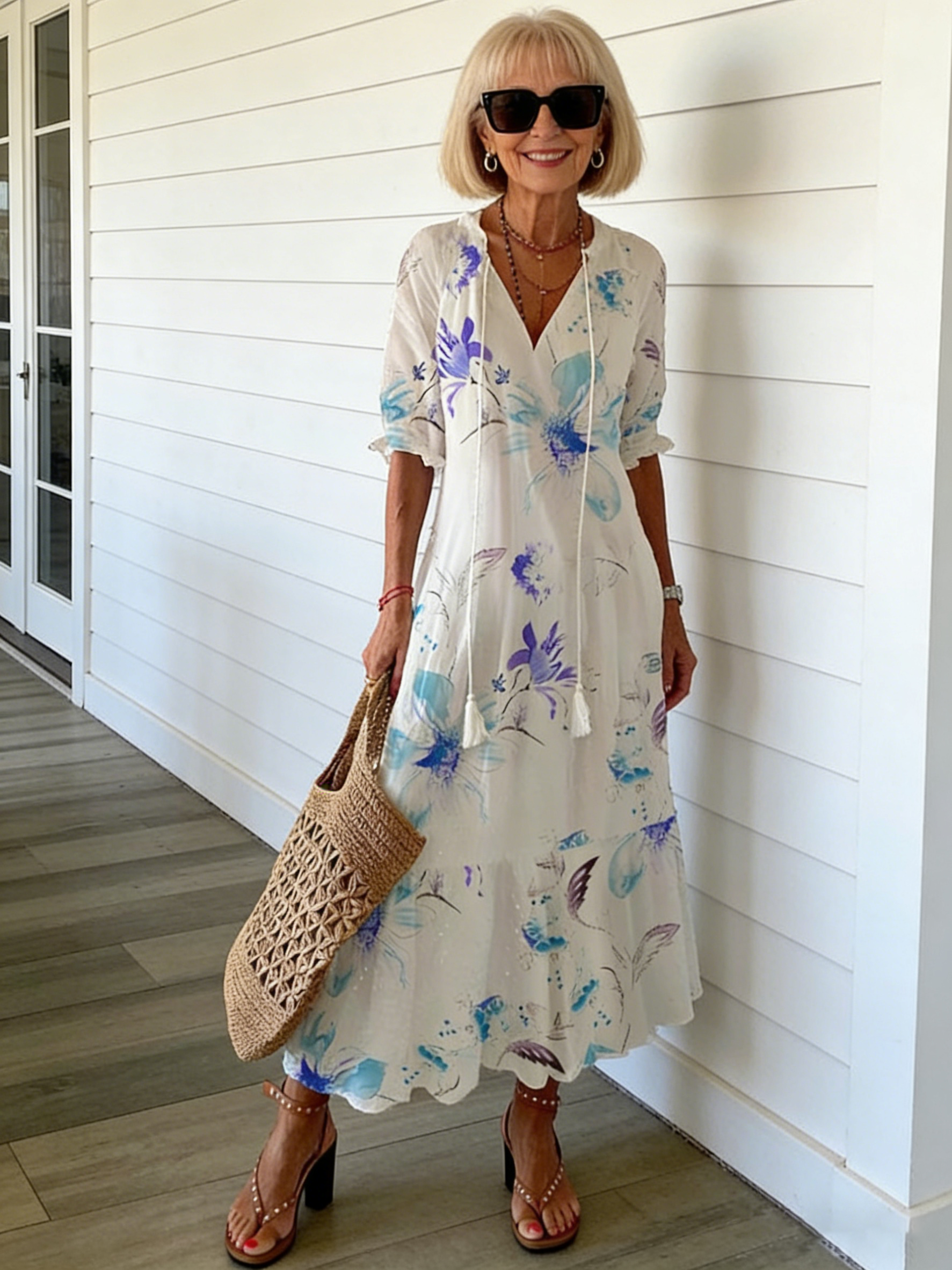 Half Sleeve Floral Print Summer Fall V Neck Casual Geometric Printed Dress