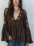 Relaxed Dark Brown Embroidered Tie Front Blouse