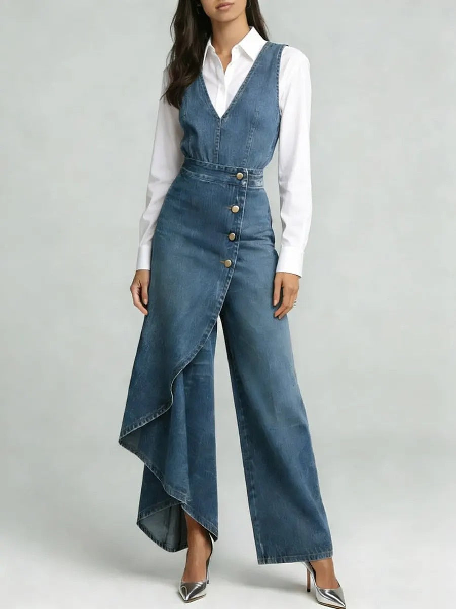 Women's Asymmetric Denim Jumpsuit - Elegant High-Waist Sleeveless V-Neck One-Piece with Ruffles