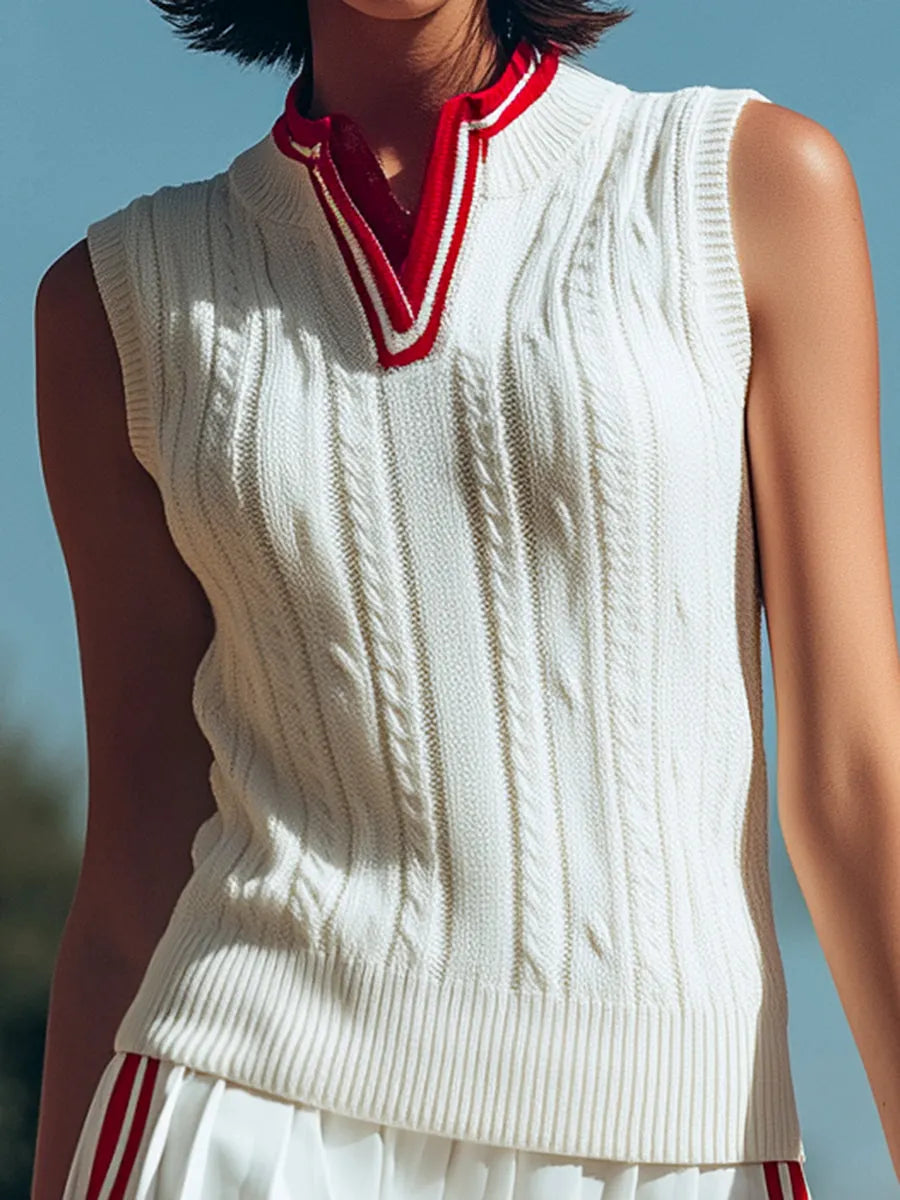 [24-hour shipping out]Retro Sports Style Stand-up Collar Pleated Sleeveless Knitted Top Pleated Skirt Suit