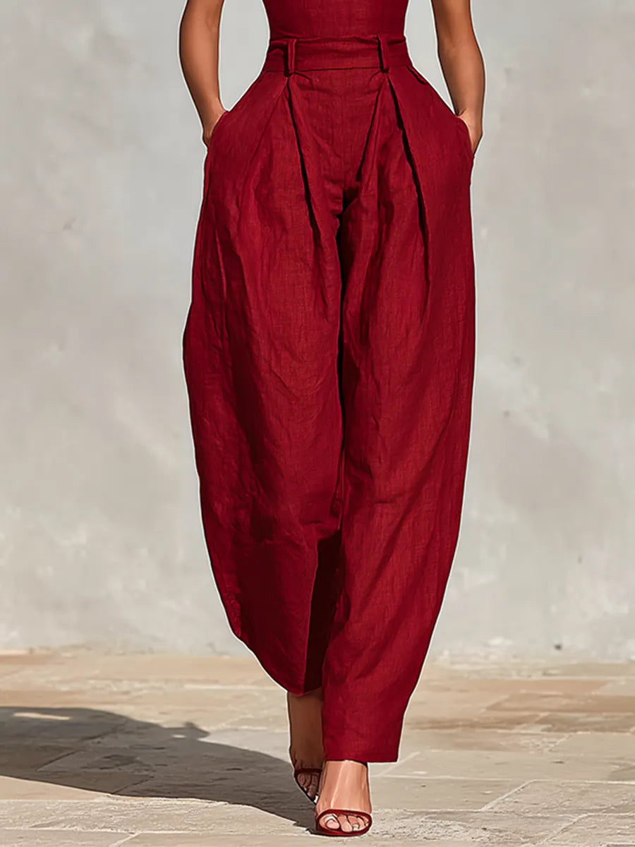 Women's Red Linen Jumpsuit With Spaghetti Straps & High-Waisted Pleated Pants, Timeless Romantic-Elegant Style Jumpsuit