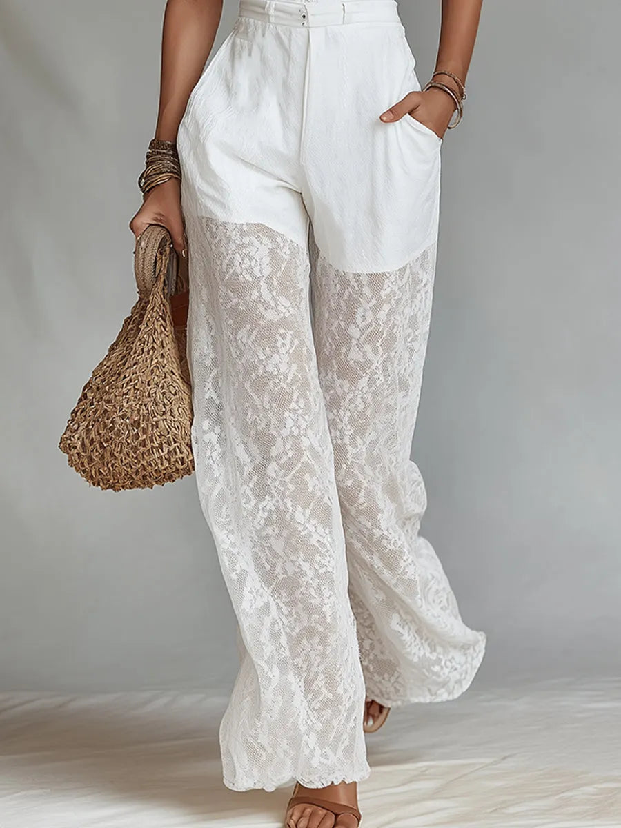 Bohemian-style Set: Lace-trimmed Spaghetti Strap Camisole And Lace-paneled Wide-leg Pants