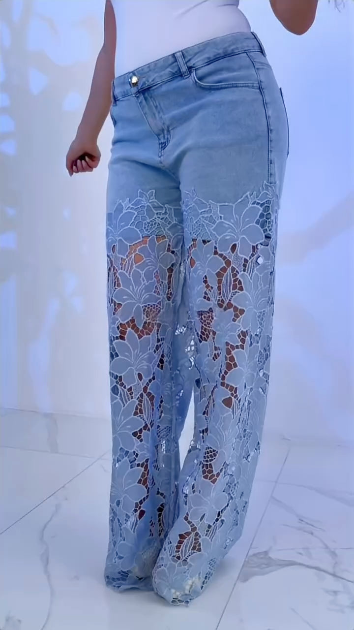 Light Wash Lace-Overlay Wide-Leg Jeans