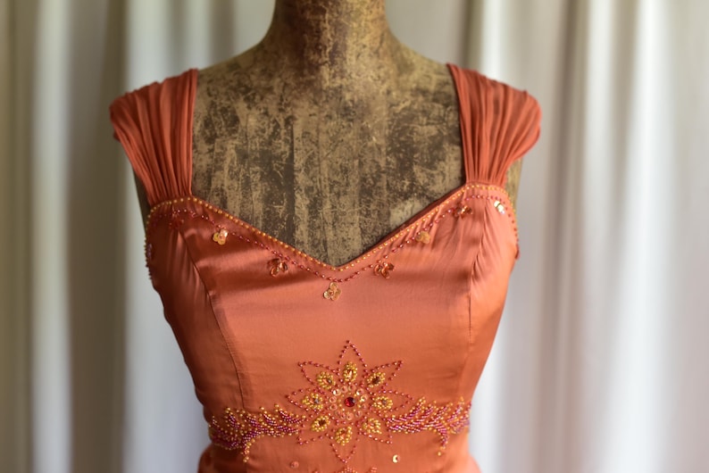 Y2K Vintage Silk Maxi Dress: Fairycore Style Beaded Floral Print Party Dress