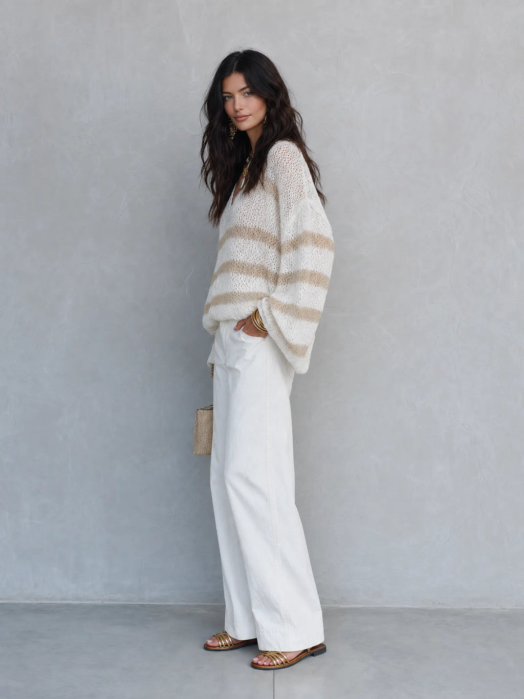 Effortless Chic Loose-Knit Drop-Shoulder Balloon-Sleeve Cream Striped Pullover