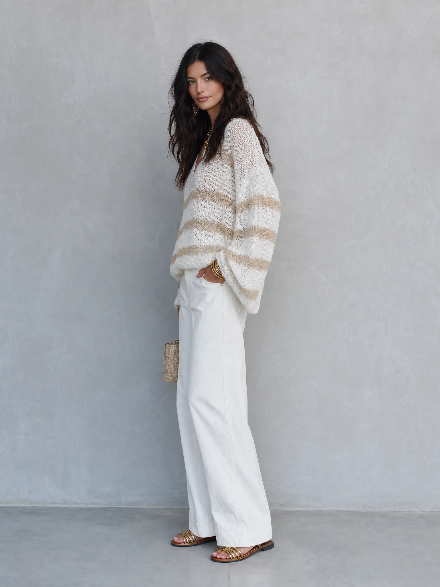 Effortless Chic Loose-Knit Drop-Shoulder Balloon-Sleeve Cream Striped Pullover