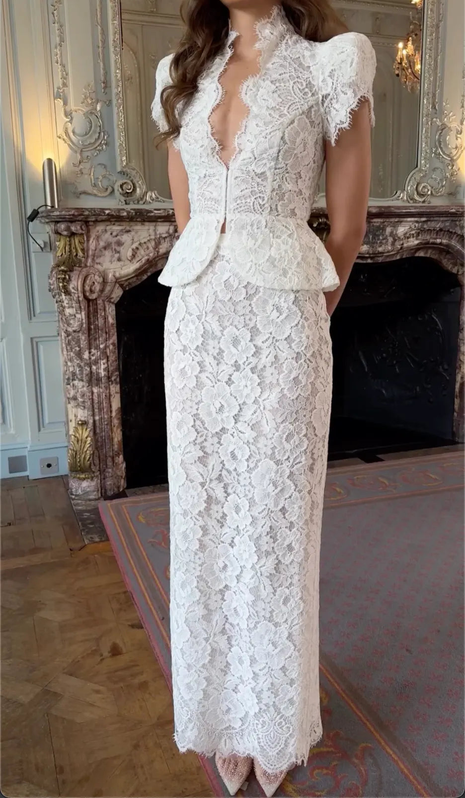 High Neck Plunge Peplum Floral Lace Cap Sleeve Maxi Wedding Dress, Regal Vintage Bridal Gown