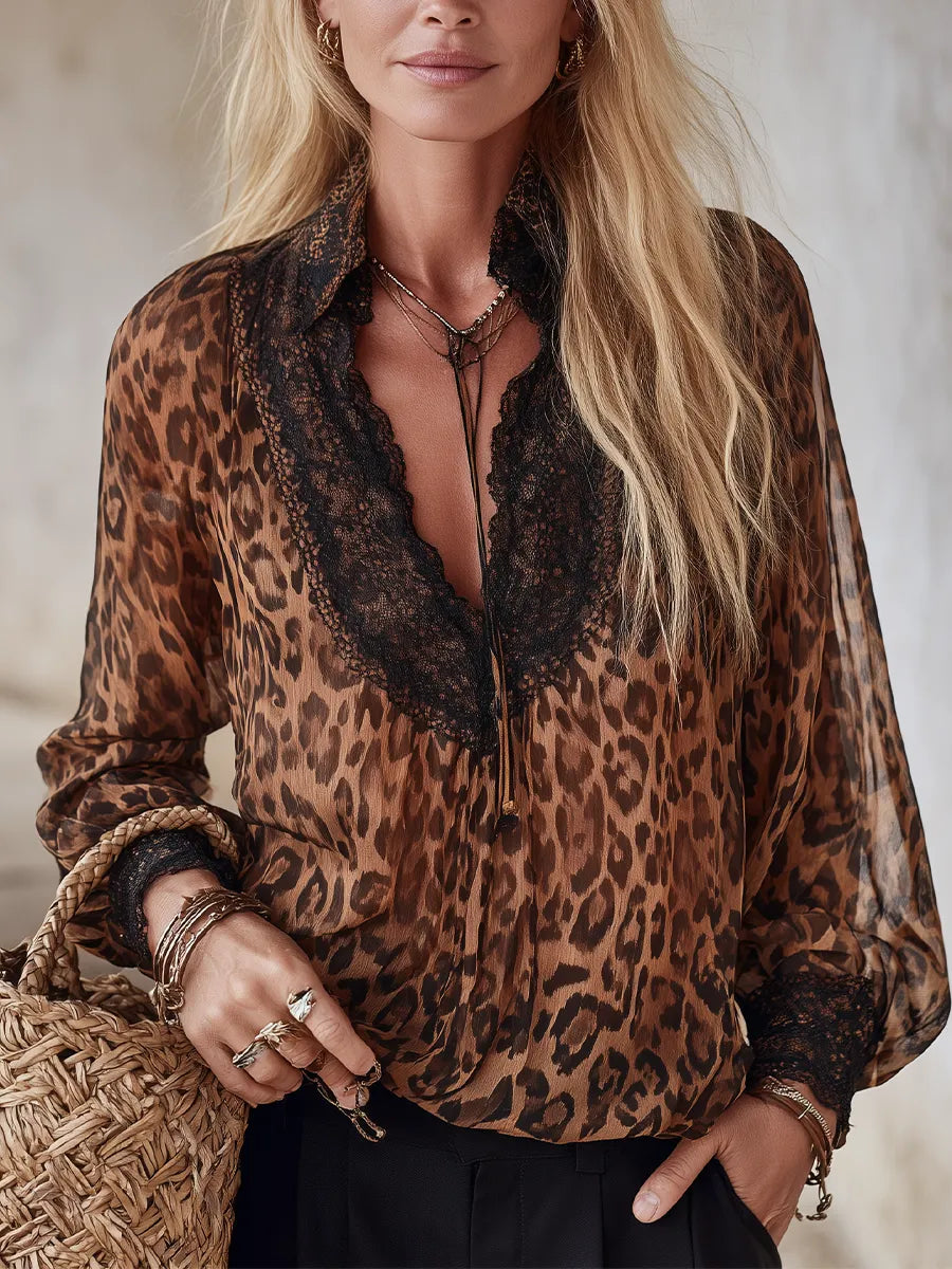 Boho Luxe Leopard Lace Trim Chiffon Blouse Top
