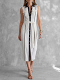 Tied Waist Contrast Color Buttoned Sleeveless Bodycon Lapel Midi Dresses