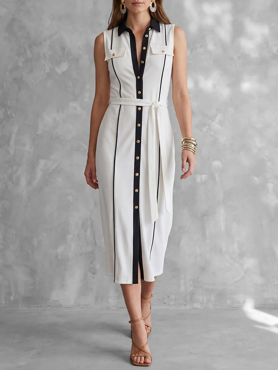 Tied Waist Contrast Color Buttoned Sleeveless Bodycon Lapel Midi Dresses