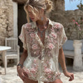 Women's Pink Rose Embroidery Art Short Sleeve Linen Blend Shirt