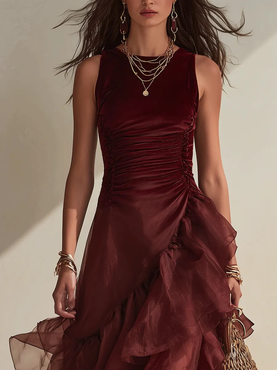 Effortless Coastal Elegance Wine Red Draped Tiered Hem Evening Maxi Dress