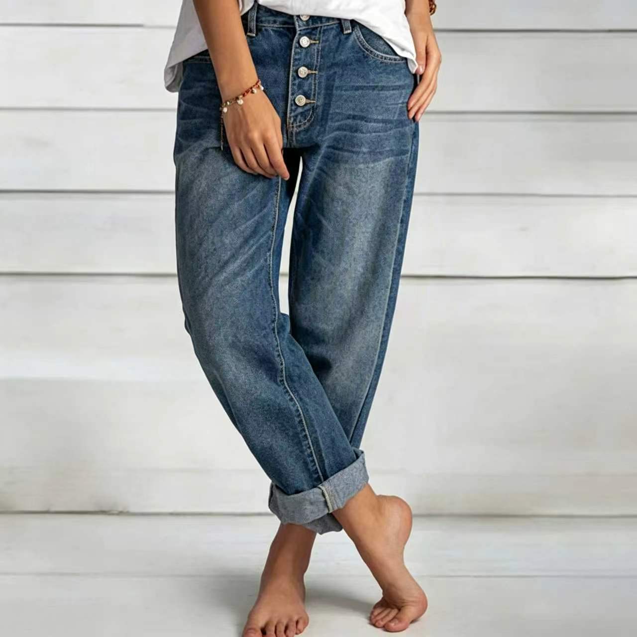 High-Waisted Button-Fly Boyfriend Jeans