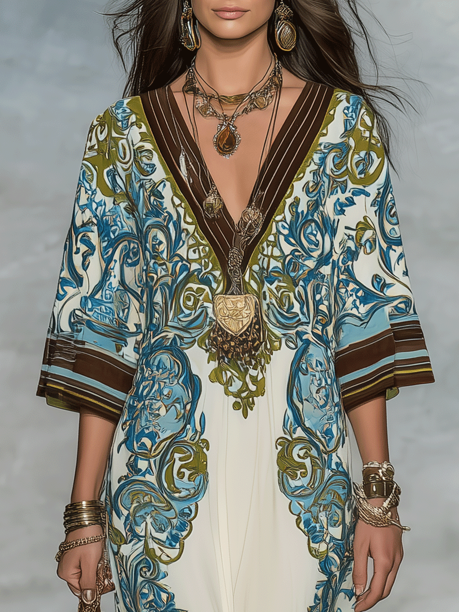 Elegant Resort Flowy Baroque-Print Deep-V Blue & Gold Maxi Dress