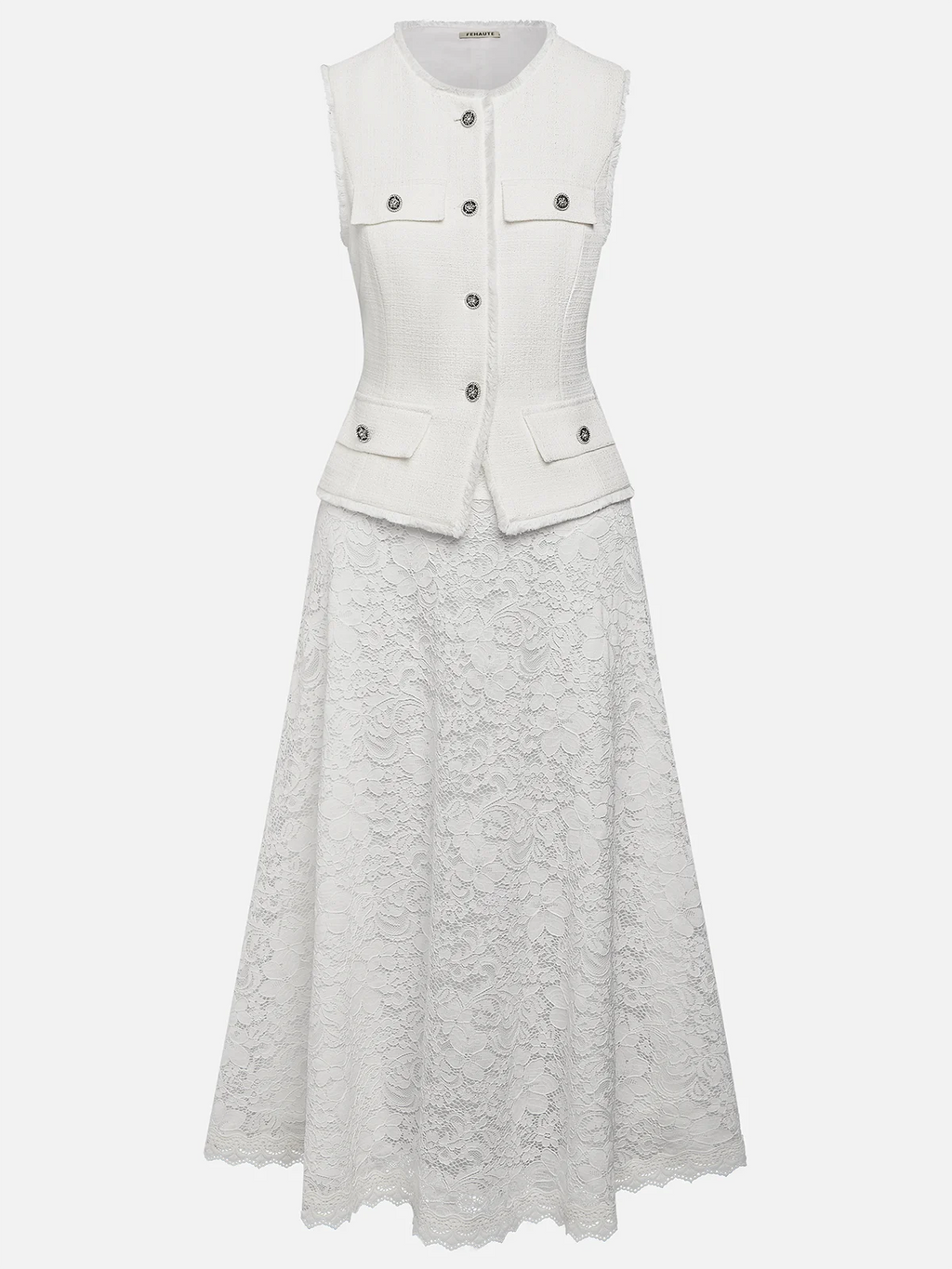 Women Tweed White Buckle Pocket Stitching Crew Neck Sleeveless Dressy Coat With Skirt Two-Piece Set
