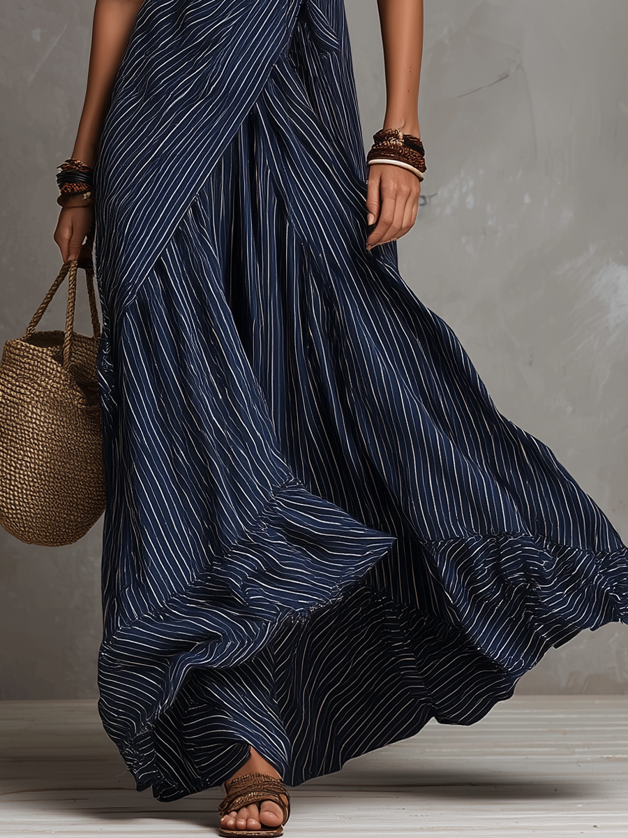 Elegant Navy Pinstripe Wrap Maxi Dress
